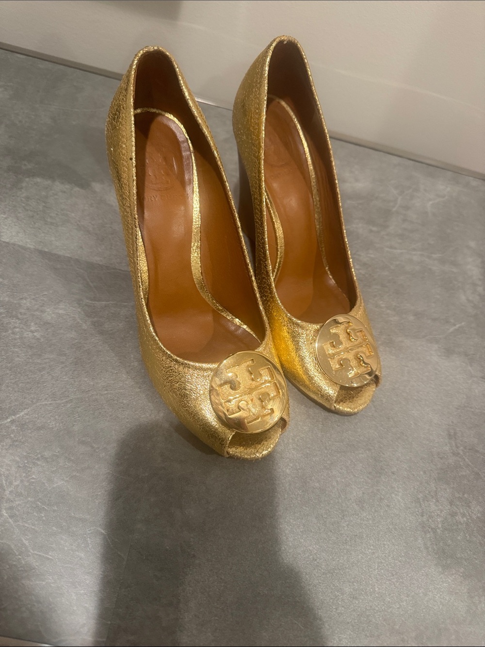 Tory Burch Metallic Gold Peep-Toe Heels with Logo Medallion